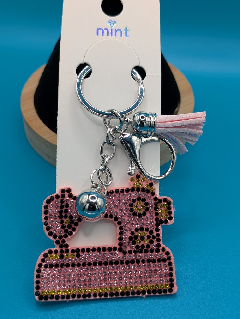Mint Pink Rhinestone Sewing Machine Keychain/Bagcharm  with Tassel